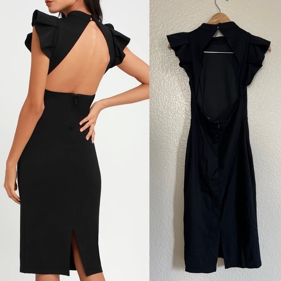 Stylish Splendor Black Backless Ruffle Bodycon Midi Dress - Picture 3 of 8
